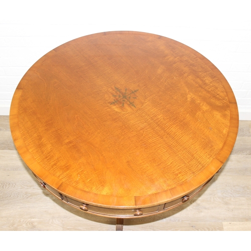78 - An antique style drum or library table with inlay, four real drawers and four faux drawers, 91cm in ... 