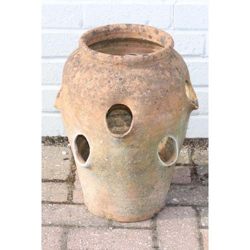 308 - A vintage weathered terracotta garden strawberry planter, 42cm tall, one of four available in the sa... 