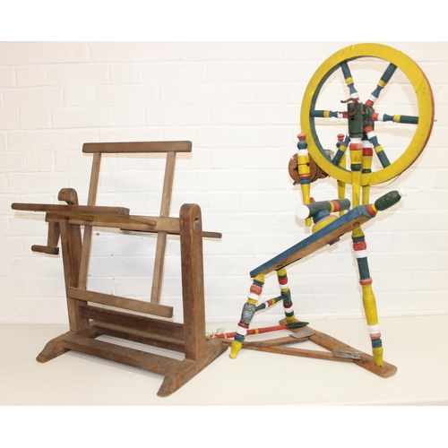 299 - Vintage spinning wheel painted in a barge ware style, and antique wool winder in pine, the wool wind... 