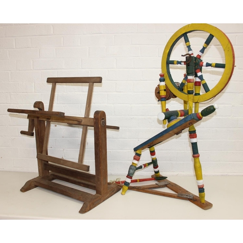 299 - Vintage spinning wheel painted in a barge ware style, and antique wool winder in pine, the wool wind... 