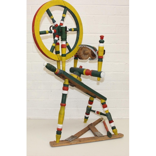 299 - Vintage spinning wheel painted in a barge ware style, and antique wool winder in pine, the wool wind... 