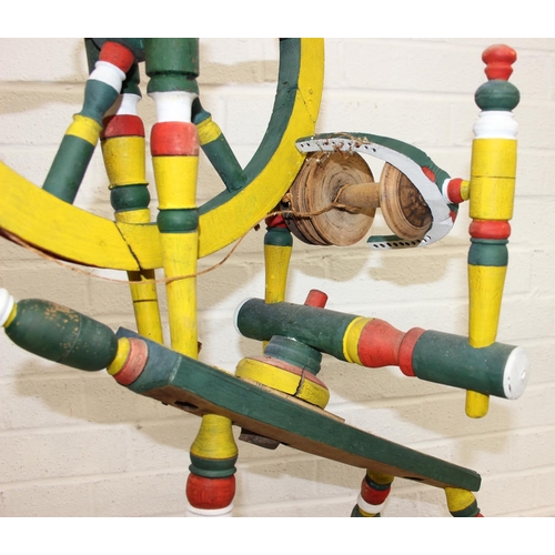 299 - Vintage spinning wheel painted in a barge ware style, and antique wool winder in pine, the wool wind... 