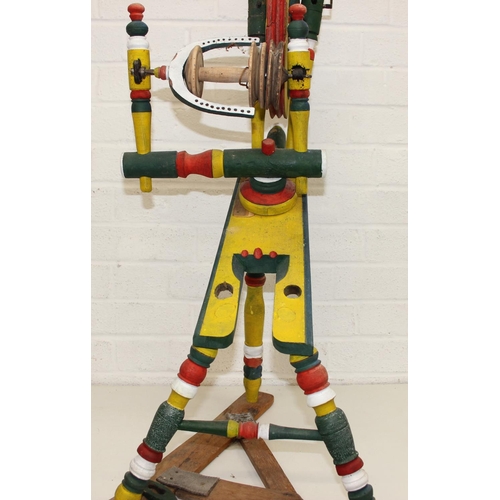 299 - Vintage spinning wheel painted in a barge ware style, and antique wool winder in pine, the wool wind... 
