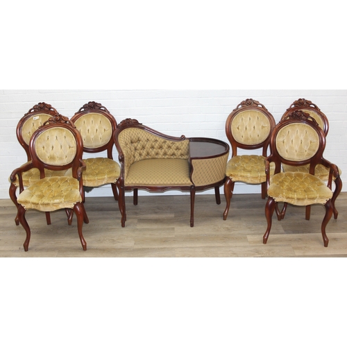 70 - An antique style telephone table and a similar designed set of six upholstered button back chairs, t... 