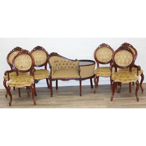 70 - An antique style telephone table and a similar designed set of six upholstered button back chairs, t... 
