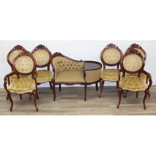 70 - An antique style telephone table and a similar designed set of six upholstered button back chairs, t... 
