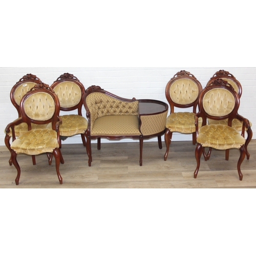 70 - An antique style telephone table and a similar designed set of six upholstered button back chairs, t... 