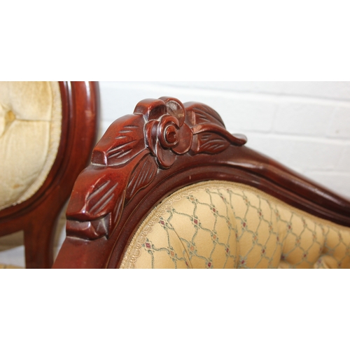 70 - An antique style telephone table and a similar designed set of six upholstered button back chairs, t... 