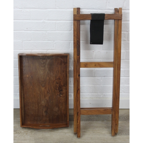 115 - A vintage wooden serving tray or butler's tray on stand, 54cm x 36cm x 77cm