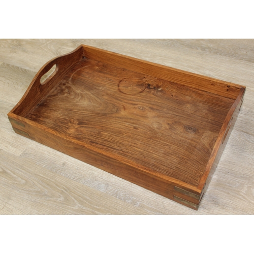 115 - A vintage wooden serving tray or butler's tray on stand, 54cm x 36cm x 77cm