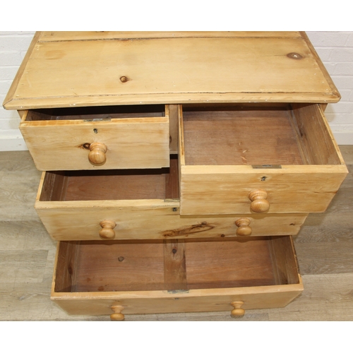 71 - A Victorian pine dressing chest with mirror top and two over two drawers to base, 88cm x 51cm x 152c... 