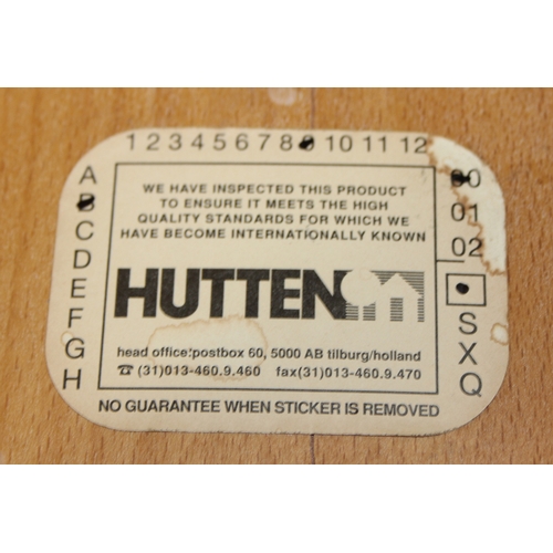 72 - A pair of retro Dutch chairs by Hutten, with plain shaped back and leather cushions, each 79cm tall ... 