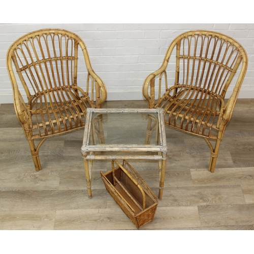 101 - Four pieces of bamboo furniture to inc a pair of armchairs in the manner of Franco Albini, a small g... 