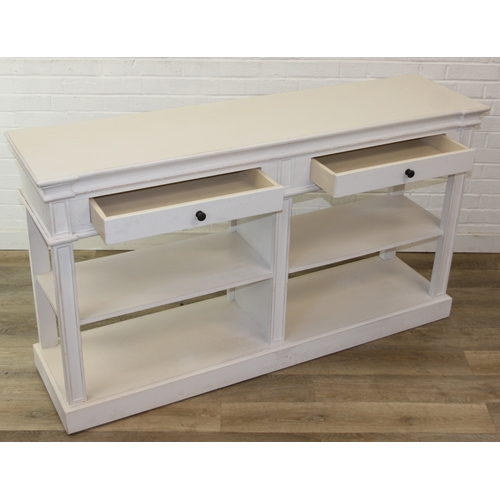 90 - A good quality modern white console table or sideboard with two drawers and open shelves, believed t... 