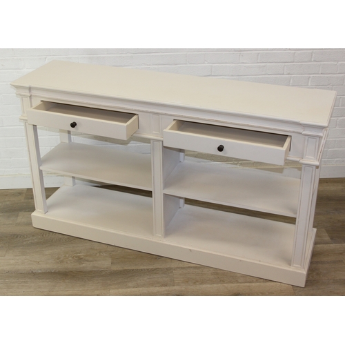 90 - A good quality modern white console table or sideboard with two drawers and open shelves, believed t... 