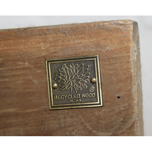 111 - A vintage wooden topped low table with distressed painted wrought iron base, 59cm x 59cm x 61cm