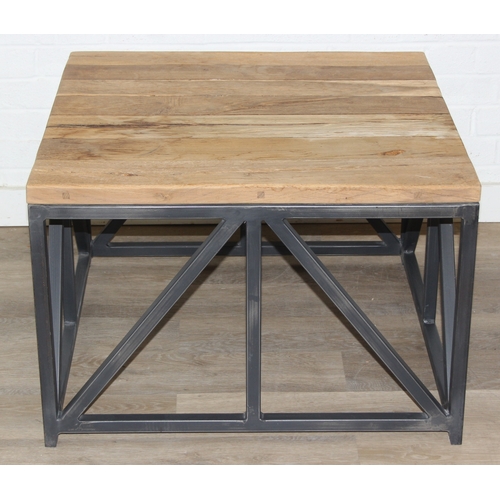 76 - A good quality reclaimed wooden topped side table with wrought metal industrial style bases, 75cm x ... 
