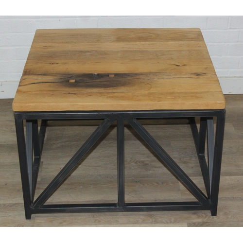 77 - A good quality reclaimed wooden topped side table with wrought metal industrial style bases, 75cm x ... 