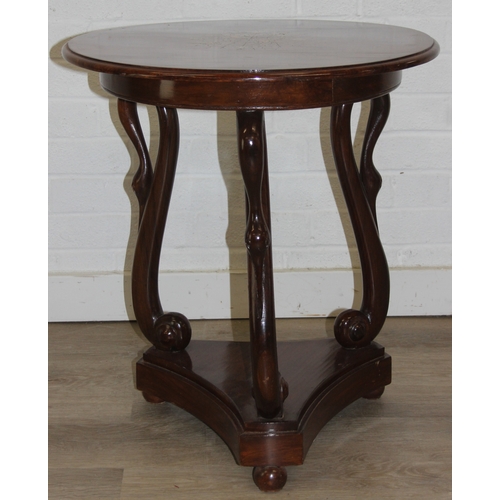 80 - A vintage brass inlaid hardwood table, possibly Indian, with swan shaped supports, 56cm in diameter ... 