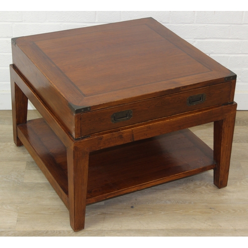 78 - An unusual oak or elm low side table in two parts, the top part a single campaign style drawer with ... 