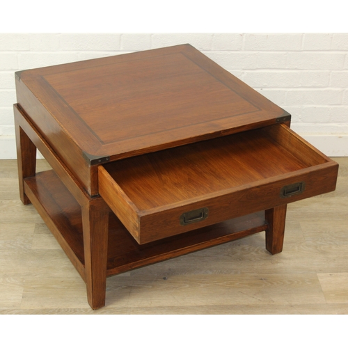 78 - An unusual oak or elm low side table in two parts, the top part a single campaign style drawer with ... 