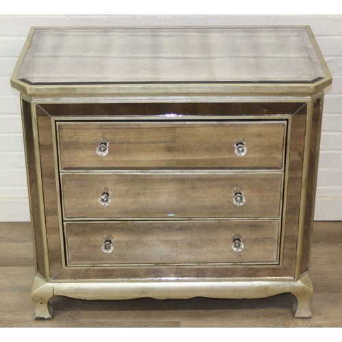 103 - An unusual gilt and distressed mirrored three drawer chest of drawers with glass handles, 91cm x 51c... 