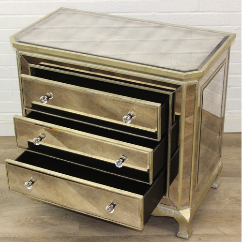 103 - An unusual gilt and distressed mirrored three drawer chest of drawers with glass handles, 91cm x 51c... 