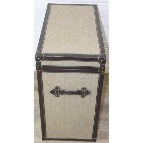 88 - An unusual fabric and faux leather aviator style chest of drawers, a lift up top over two banks of t... 