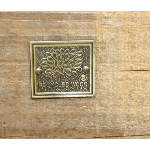 110 - A vintage low table with distressed green painted wrought iron base, the top reclaimed pine, 140cm x... 