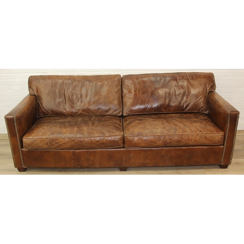 60 - Brown leather large sofa with stud work detail to squared arms, 222cm x 98cm x 78cm
