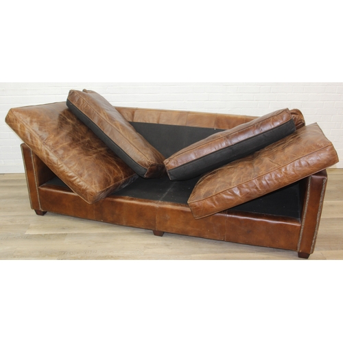 60 - Brown leather large sofa with stud work detail to squared arms, 222cm x 98cm x 78cm