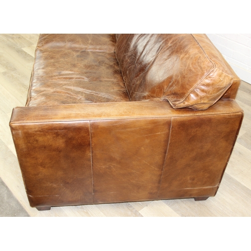 60 - Brown leather large sofa with stud work detail to squared arms, 222cm x 98cm x 78cm