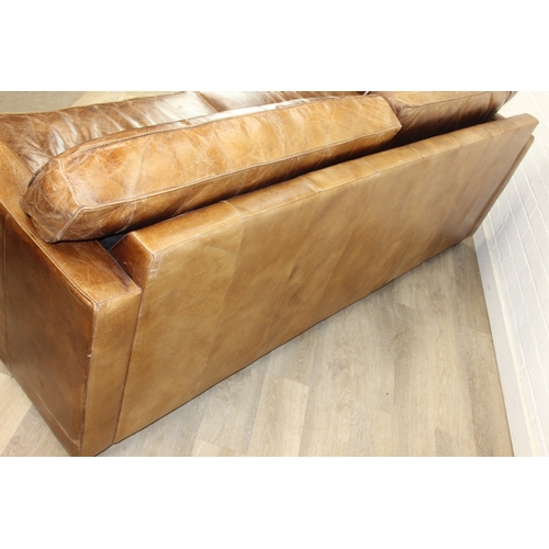 60 - Brown leather large sofa with stud work detail to squared arms, 222cm x 98cm x 78cm