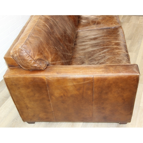 60 - Brown leather large sofa with stud work detail to squared arms, 222cm x 98cm x 78cm