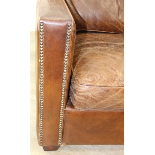 60 - Brown leather large sofa with stud work detail to squared arms, 222cm x 98cm x 78cm
