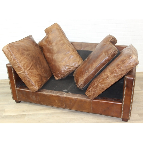 59 - Brown leather sofa with stud work detail to squared arms, 172cm x 98cm x 78cm