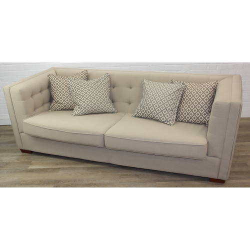 63 - Large formal sofa with square pattern button detail to back and arms, oatmeal upholstery an four pat... 