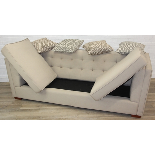 63 - Large formal sofa with square pattern button detail to back and arms, oatmeal upholstery an four pat... 