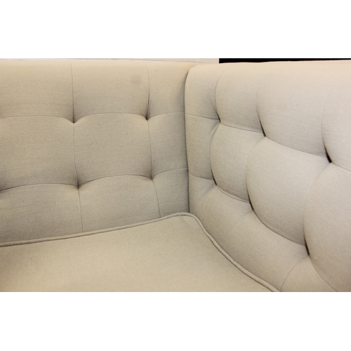 63 - Large formal sofa with square pattern button detail to back and arms, oatmeal upholstery an four pat... 