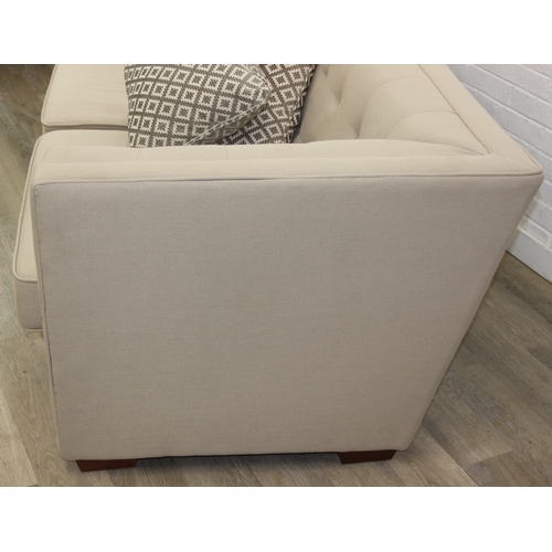 63 - Large formal sofa with square pattern button detail to back and arms, oatmeal upholstery an four pat... 