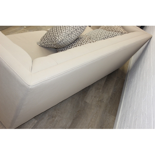 63 - Large formal sofa with square pattern button detail to back and arms, oatmeal upholstery an four pat... 