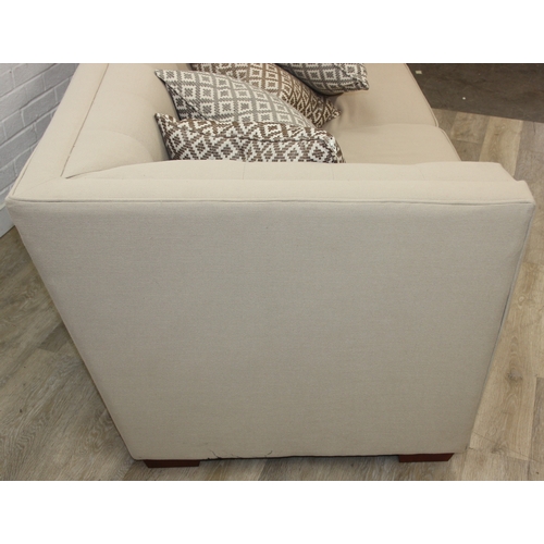 63 - Large formal sofa with square pattern button detail to back and arms, oatmeal upholstery an four pat... 