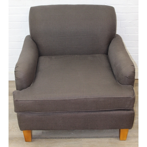 62 - Low chocolate brown armchair in hessian type material, 90cm wide x 75cm tall, one of two in the sale