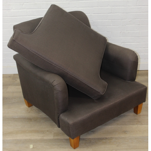 62 - Low chocolate brown armchair in hessian type material, 90cm wide x 75cm tall, one of two in the sale