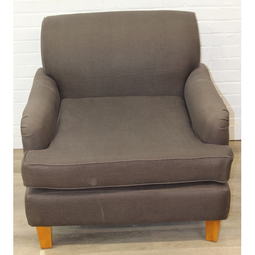 61 - Low chocolate brown armchair in hessian type material, 90cm wide x 75cm tall, one of two in the sale