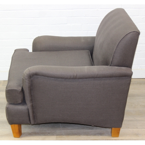 61 - Low chocolate brown armchair in hessian type material, 90cm wide x 75cm tall, one of two in the sale