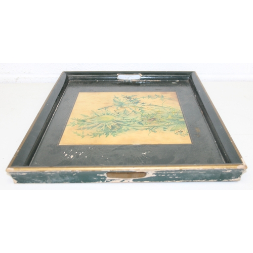 116 - A vintage wooden butlers' tray on stand with thistle decoration, 56cm x 40cm x 45cm