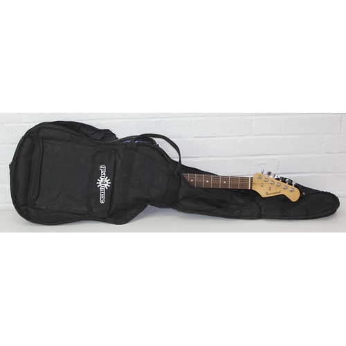 733 - A Burswood electric guitar with black body and soft shell case, 100cm long