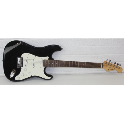 733 - A Burswood electric guitar with black body and soft shell case, 100cm long