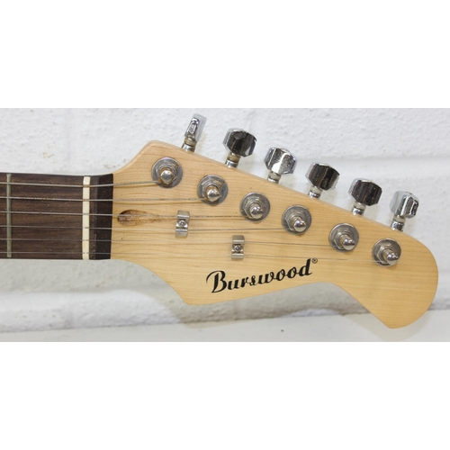 733 - A Burswood electric guitar with black body and soft shell case, 100cm long